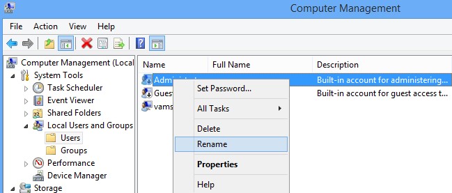 Chọn tùy chọn Rename để đổi tên Administrator trong Windows