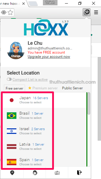 Để kết nối đến server của VPN, bạn chỉ cần nhấn vào tên server (cũng chính là tên quốc gia)