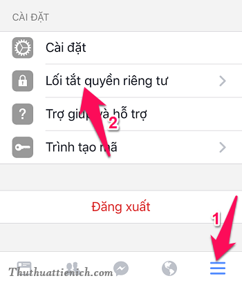 Nhấn nút 3 sọc ngang góc dưới cùng bên phải cửa sổ ứng dụng Facebook chọn Lối tắt quyền riêng tư