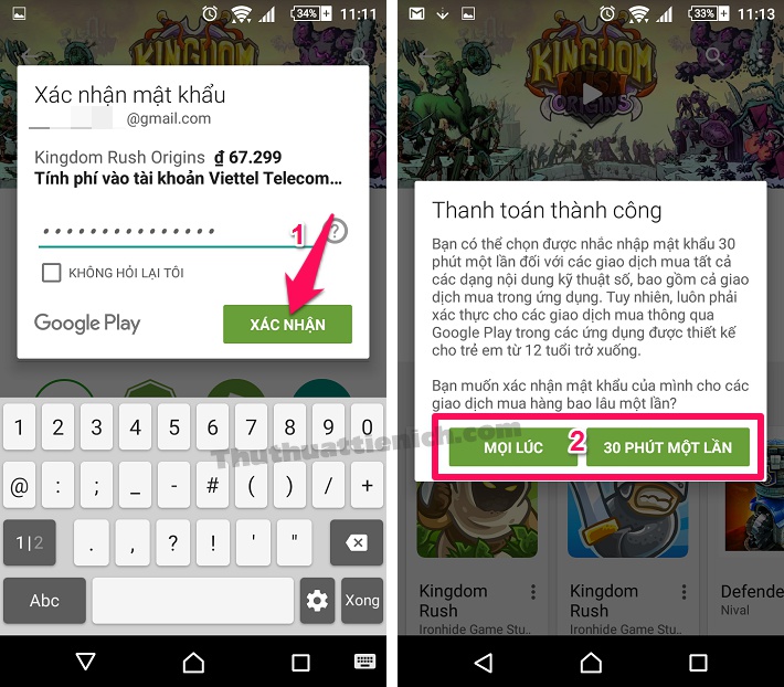 Nhập mật khẩu tài khoản Google Play để xác nhận mua game