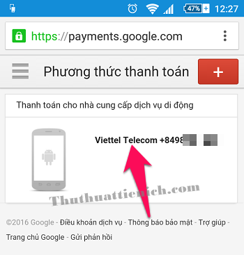 Nhấn vào tùy chọn Thanh toán bằng số điện thoại của bạn (Viettel Telecom +84...)