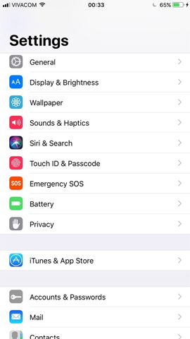 Danh sách menu trên Settings iOS 11
