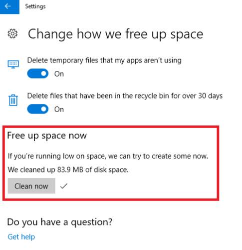 windows 10 settings system storage spaces clean now