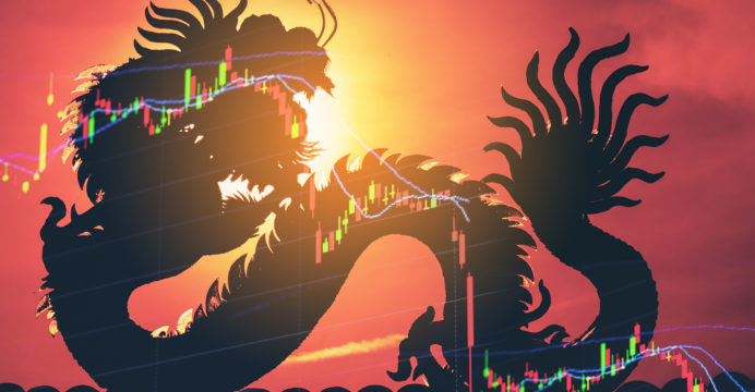 China stock market price graph display. Dragon as background means China economy concept. Stock market graph showing down economy. Failure in China business. Economic crisis stock market hit floor.