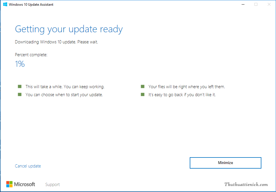 Bắt đầu quá trình tải về và cài đặt Windows 10 Creators