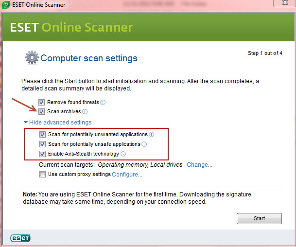 eset online scanner adcanced settings