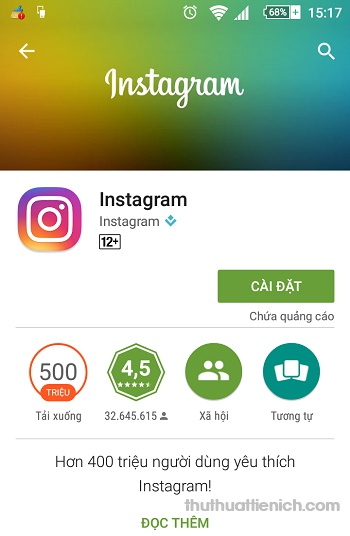 Instagram trên Android với hơn 500 triệu lượt cài đặt (tháng 05/2016)