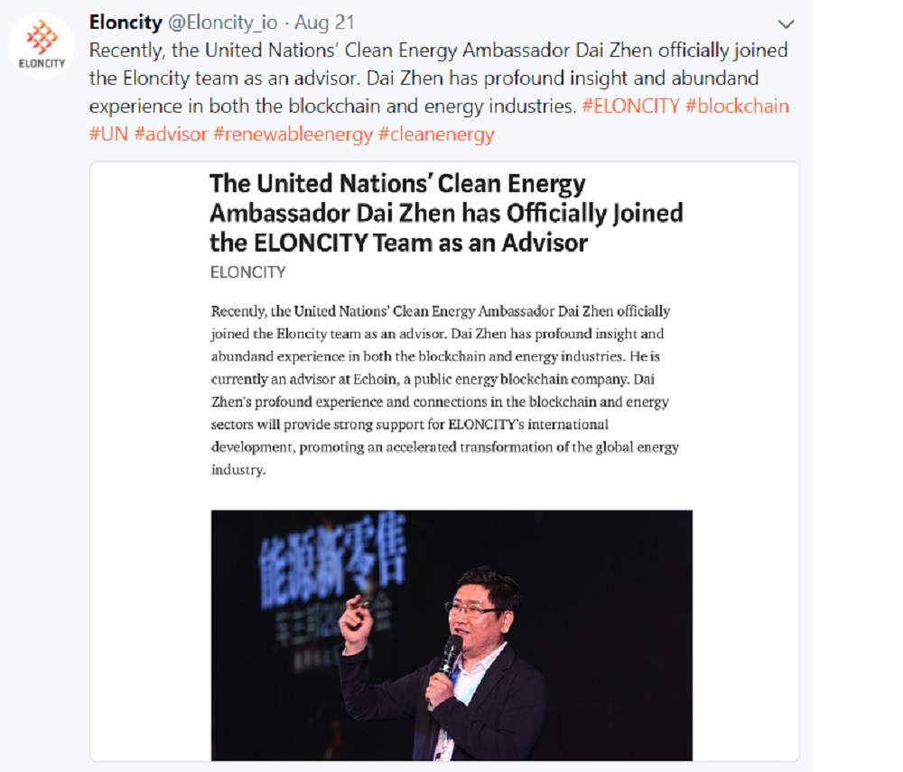 Ngày 21/8/2018: Ngài Dai Zhen - Đại sứ năng lượng sạch của Liên Hợp Quốc tham gia dự án Eloncity với vai trò Cố vấn