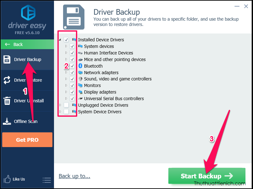Chọn Driver backup, nhấn nút Back up to... để thay đổi thư mục lưu file backup driver, sau đó tích chọn những driver bạn muốn sao lưu rồi nhấn nút Start Backup