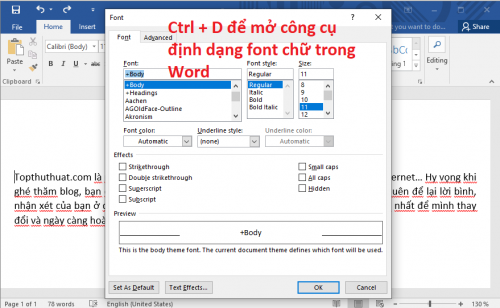 Ctrl + D Lệnh mở công cụ định dạng font chữ 