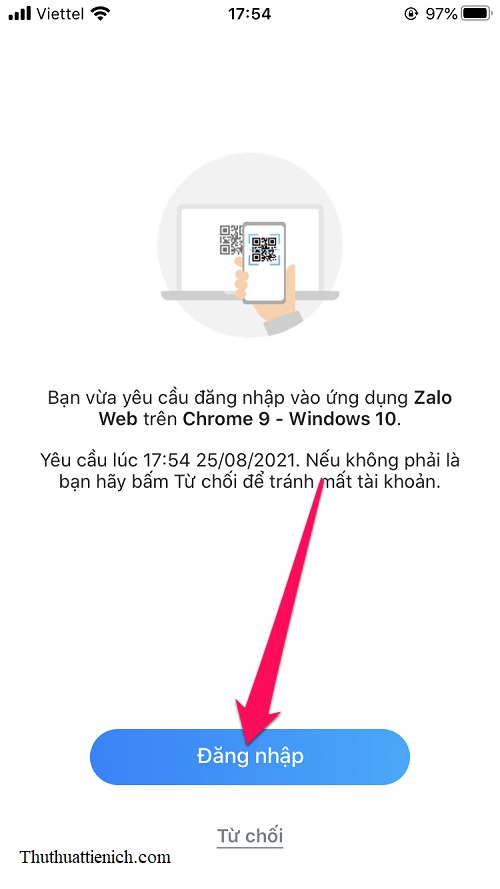 Lúc này ứng dụng Zalo trên điện thoại sẽ hỏi bạn có muốn đăng nhập Zalo Web hay không. Nhấn nút Đăng nhập để tiếp tục
