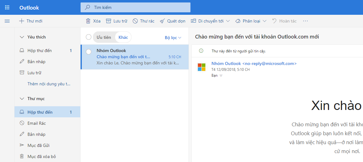 Còn đây là giao diện hòm thư Outlook của bạn