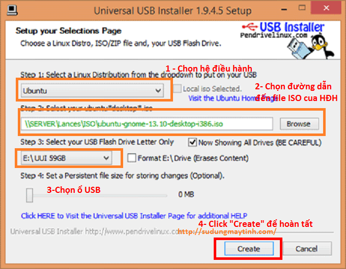 Tiến hành tạo USB cài đặt CentOS, Ubuntu... với Universal USB Installer